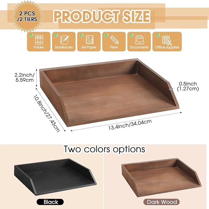 Beeveer 2 Pcs Wooden Letter Trays Wood Letter-Size Desk Organizer Heavy Duty 2 Tier Stackable Supports Paper Tray Desktop Drawer Organizer File Folder Magazine Office Accessories(Dark Wood)
