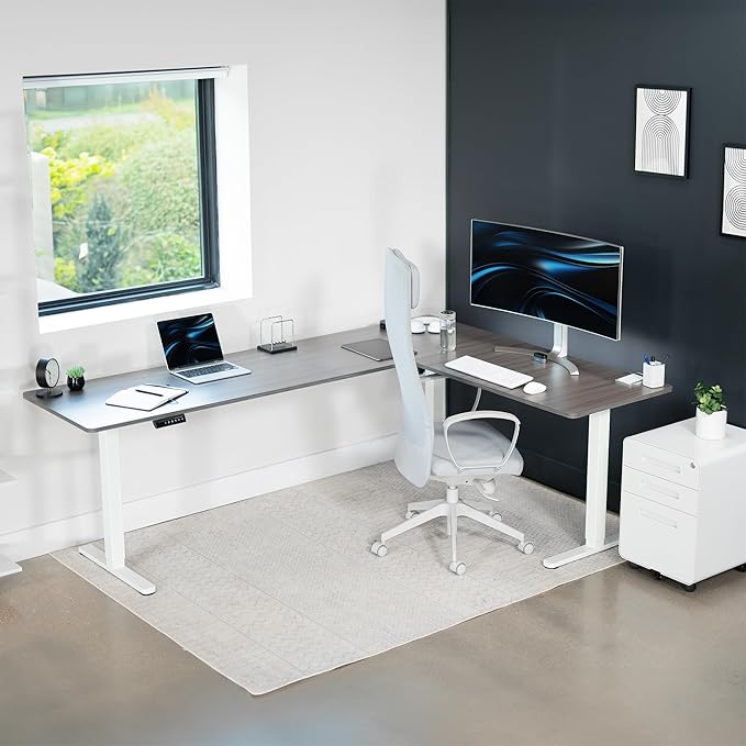 VIVO Electric Corner 84 x 63 inch L-Shaped Standing Desk, Memory Height Adjustment, Dark Gray Top White Frame, DESK-E3CTWG-84
