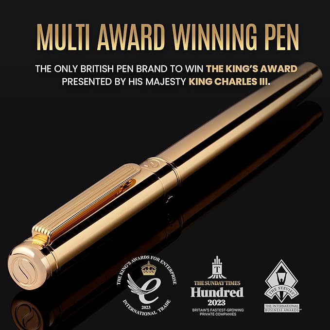 Scriveiner Luxury Fountain Pen - Stunning Gold Luxury Pen, Real Gold Finsih, Schmidt Gilded Nib (Medium), Converter, Best Pen Gift Set for Men & Women, Professional, Executive, Office, Nice Pens