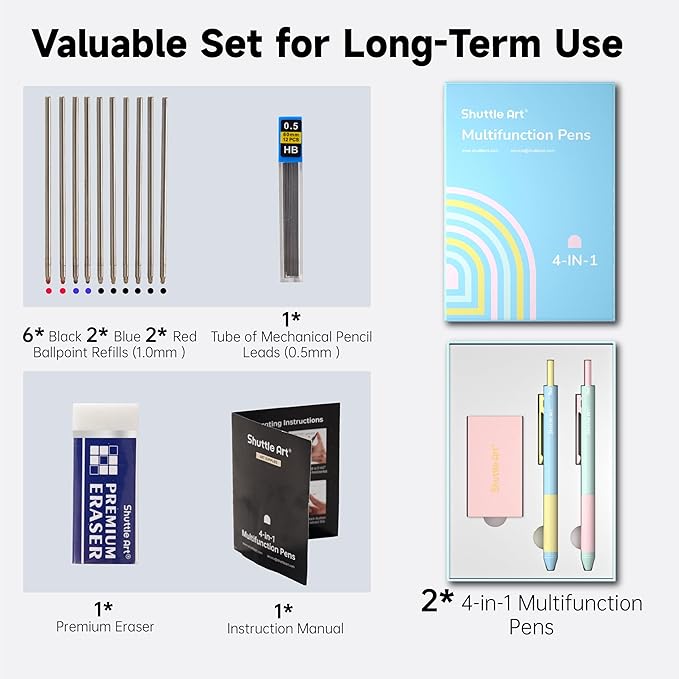 Shuttle Art 4 in 1 Multicolor Pen, 2 Pack Retractable Ballpoint Pens with 1.0mm Black Blue Red Ink and 0.5mm Mechanical Pencil, Multifunction Pens Fresh Style Gift Set for Writing School Office Home