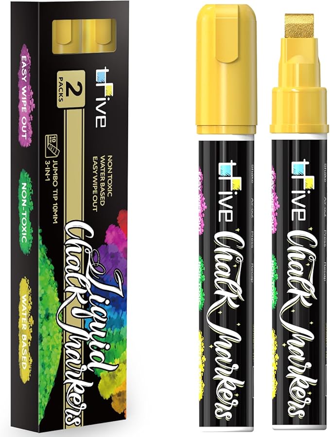 TFIVE Metallic Gold Liquid Chalk Markers - 2 Pack Jumbo Chalk Pens with 10mm 3 in 1 Nib Wide Tips, Dry & Wet Erase Marker Pens for Glass, Chalkboard, BlackBoard, Windows, Calendar, Pumpkin, Mirror