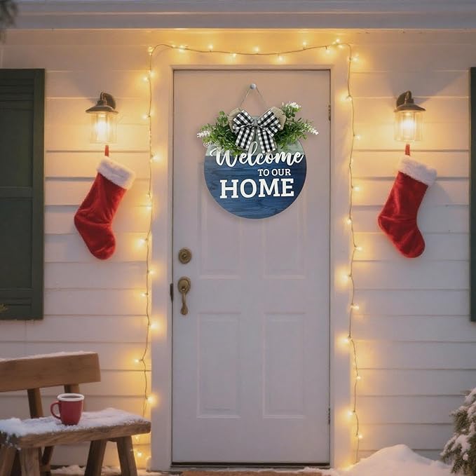 VPDTVK Welcome Sign for Front Door, Rustic Welcome Door Sign Outdoor Wreaths Decor for Spring Summer Autumn and Winter All Seasons Holiday Halloween Christmas(Blue)