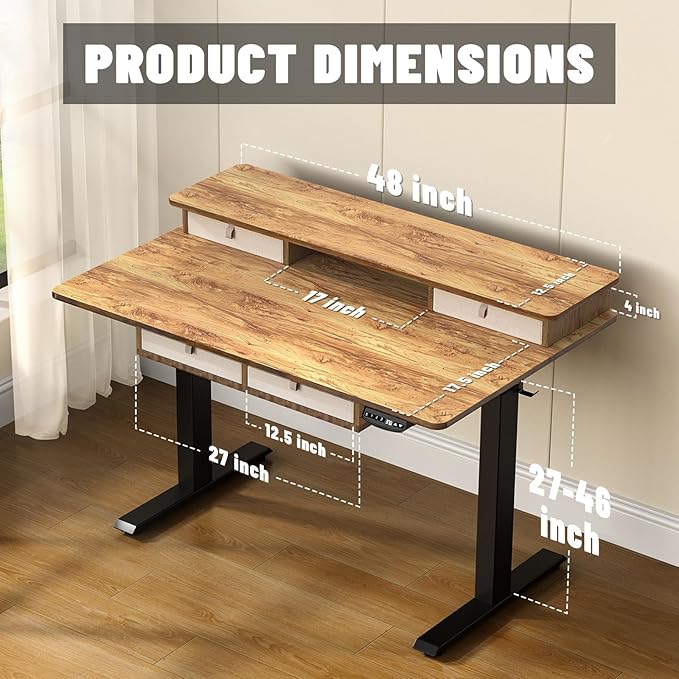 ExaDesk 48 * 30 Inches Electric Standing Widened Desk Adjustable Height with 4 Drawers, Double Storage Shelves Stand Up Desk, Home Office Workstation Sit Stand up Desk (Light Rustic Brown)