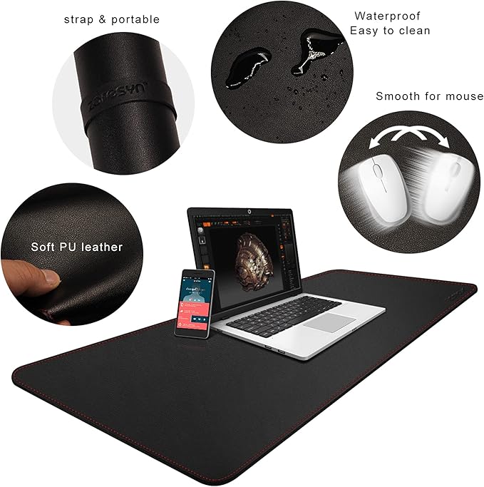 ZORESYN XL Large Desk Pad (47.2" x 15.8") - PU Leather Office Desk Mat for Keyboard and Mouse - Waterproof Surface with Nonslip Base - Black Extended Mouse Pad for Home & Office