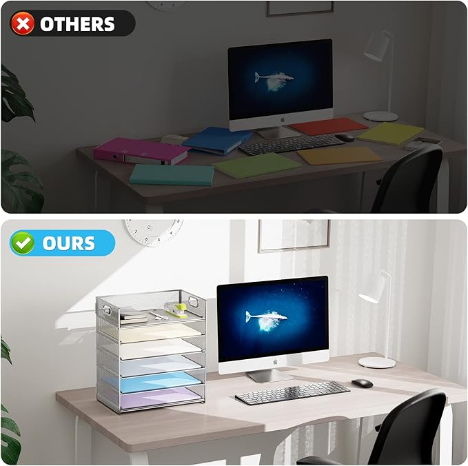Marbrasse 2 Pack Desk Organizer with Handle, 6 Tier Paper Letter Tray, Mesh Desk File Organizer for Office, School and Home - Silver