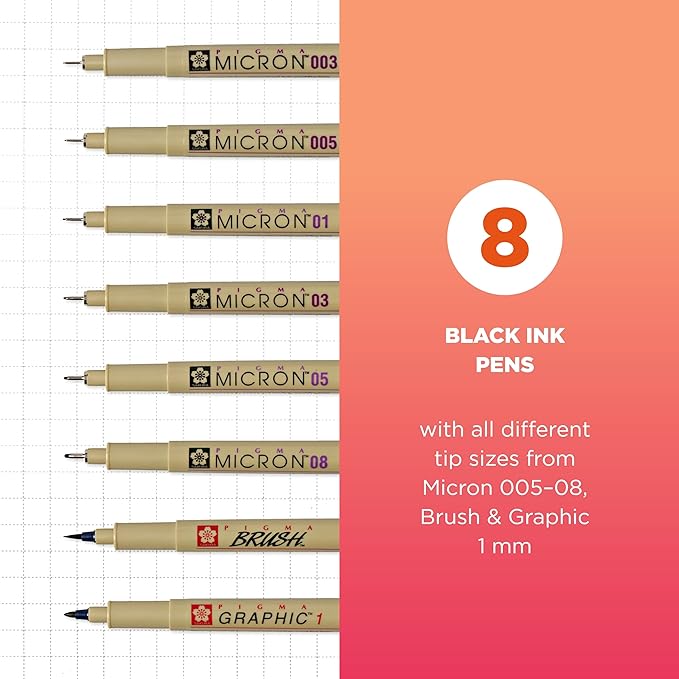 Sakura Pigma Micron, Graphic & Brush Fineline Pens, Archival Black Ink, 8 PK 30067