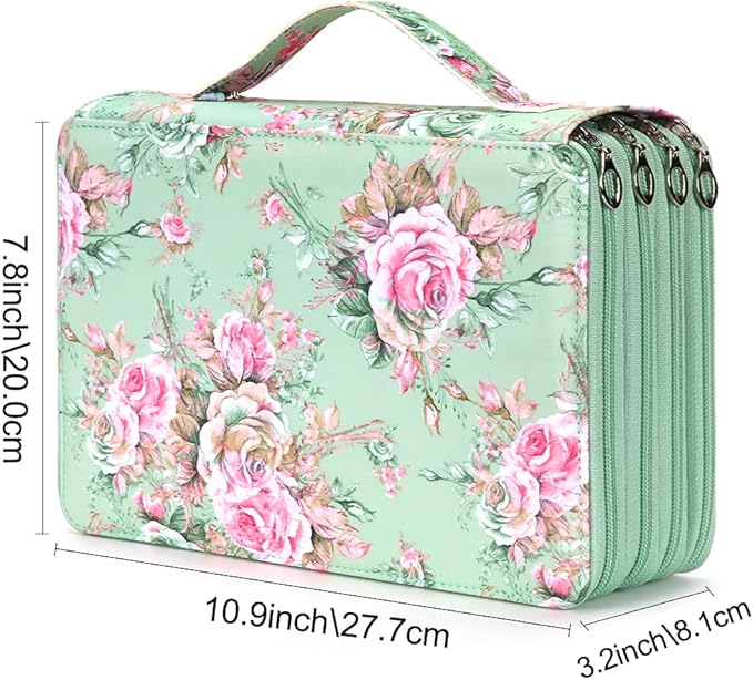 Vomgomfom Colored Pencil Case - 200 Slots Pencil Holder with Zipper Closure Twill Fabric Large Capacity Pencil Case for Watercolor Pens or Markers, Pencil Case Organizer for Artist or Student (Green Rose)