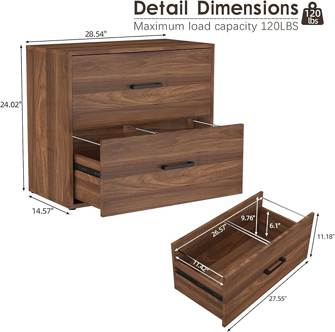 FATIGOS 2 Drawer File Cabinet, Wood Lateral Filing Cabinets, Wide Office File Cabinet with Drawer for Hanging Files/Letter Size Printer Stand for Home Office School, Assembly Required, Walnut