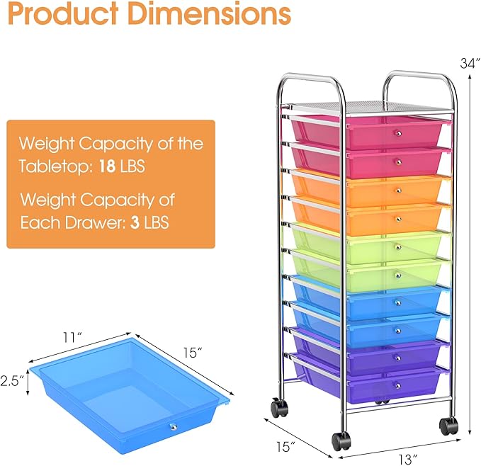 GLACER 10 Drawers Rolling Cart, Storage Cart with w/Removable Drawers & Steel Frame, Utility Mobile Trolley w/Universal Casters & 2 Brakes, Organizer Cart for Home, School, Office (Rainbow)
