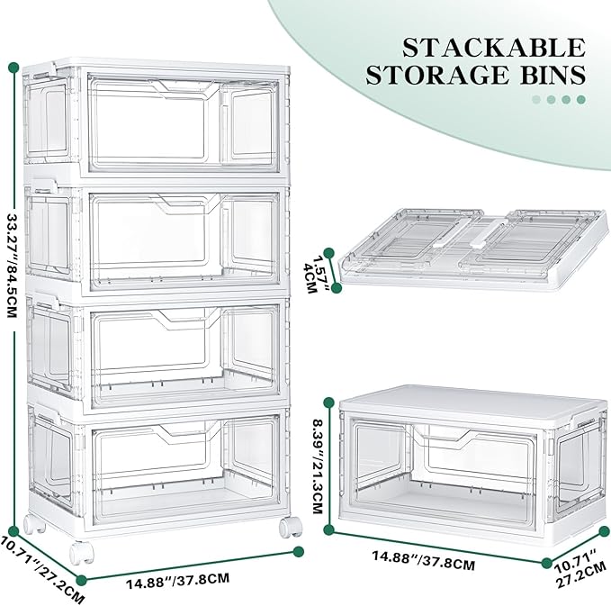 Kmiectse Clear Storage Bins with Lids - 4 Tier Plastic Bins with Wheels, Stackable Storage Bin, Closet Organizers Box for Bedroom, Living Room, 23 QT Folding Box with Magnetic door
