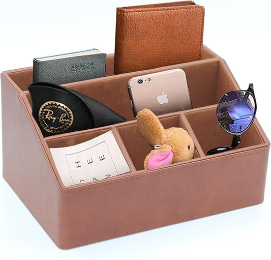 Boershun Desk Organizer, Mail Organizer Countertop, Bills Organizer, Mail Sorters, Magazine Holder, Desk Organizer and Accessories for Office Supplies, Brown Leather