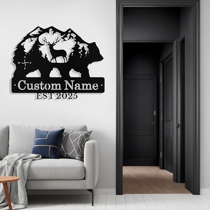 Custom Bear & Deer Metal Sign, Custom Bear Metal Wall Art Decor, Personalized Last Name Signs for Home, Rustic Farmhouse Black Wall Decor for Cabin, Bedroom, Living Room