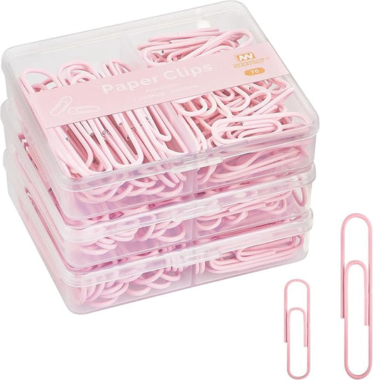 NEEWAY Colorful Paper Clips Assorted Sizes, Small and Large Paperclips, 210 Count, 3 Pack of 70 (Light Pink)