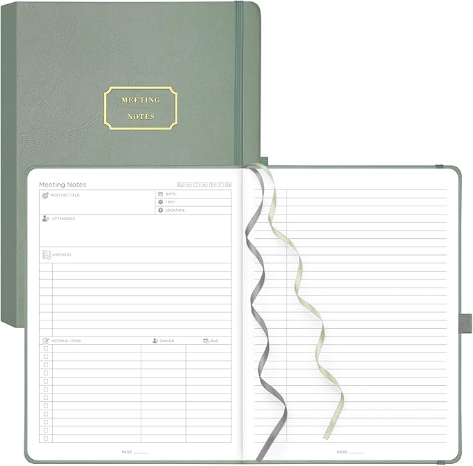 EMSHOI Meeting Notebook for Work with Action Items - 320 Pages B5 Thick Project Planner Agenda Organizer Work Notebook for Women Men Office Business, PU Leather Hardcover, 7.5" x 10", Green
