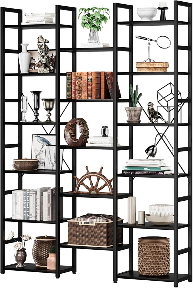 NUMENN 6-Tier Bookshelf Triple Column Bookcase with 17 Adjustable Open Display Shelves, Modern Book Shelves，Rustic Industrial Style Bookshelves for Bedroom, Living Room and Home Office, Black