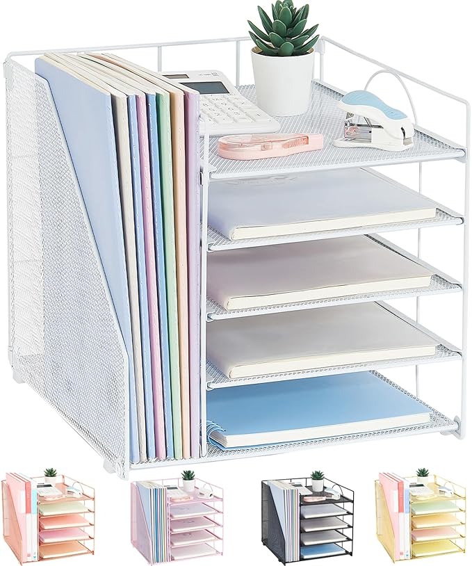 LEKETREE Desk Organizers and Accessories, 5-Tier Paper Letter Tray Organizer with File Holder, Desktop Organizer for Office Supplies (White)