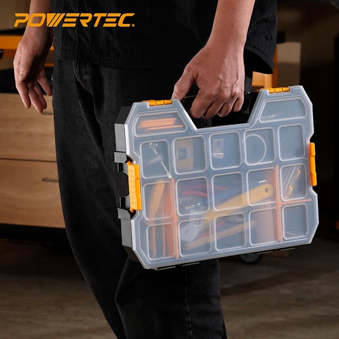 POWERTEC Stackable Tool Box Organizer with Removable Dividers - 17 Compartments, Interlocking, Portable Design (72118)