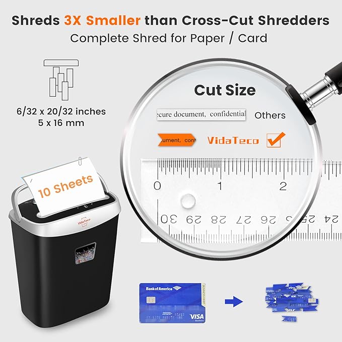 VidaTeco Paper Shredder for Home Office Heavy Duty with 60 Mins Running with US Patented Cutter,Shred CD/Card with Extra Large Bin,AUTO Jam Proof(ETL) (10-Sheet Micro-Cut)