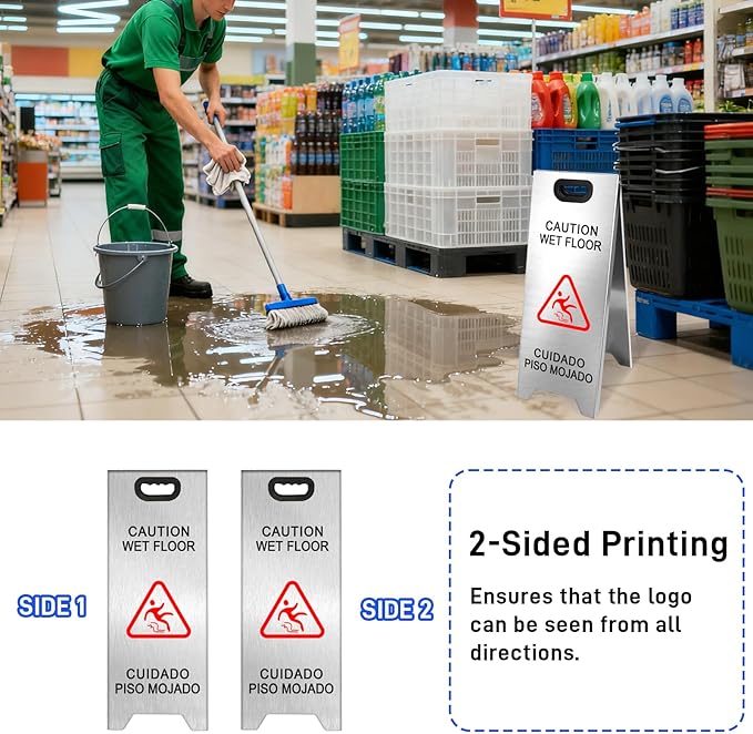 Kerty 4 Pack Stainless Steel Wet Floor Sign, 24 Inch Caution Wet Floor Sign Portable Foldable Bilingual Safety Warning for Hotel Market Restroom Restaurant Office (Silver)