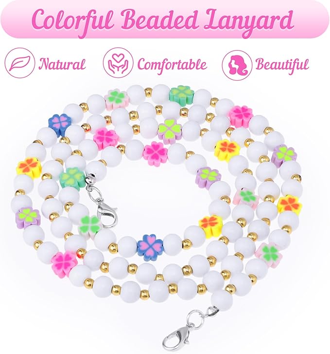 Teacher Lanyard with ID Holder Cute Flower Wooden Beaded Lanyards for ID Badge Holders Retractable Badge Reel Keys Eyeglass Chains