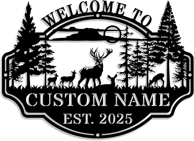 Personalized Deer Hunting Metal Cabin Sign Custom Outdoor Hunting Decor Family Name Sign Rustic Cabin Wall Art Hunting Lodge Decor Deer Hunter Gift Custom Hunting Room Decor Outdoor Metal Wall Signs