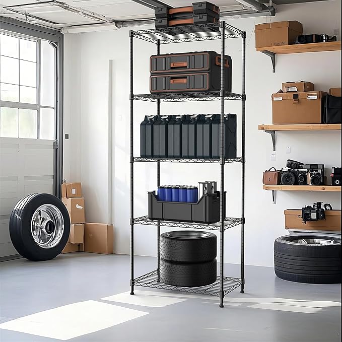M MZG 1250 lbs 5 Tier Shelf Metal Storage Shelves Wire Rack Closet Organizers with Wheel for Garage Kitchen Bathroom Laundry Black 13.7" D x 23.6" W x 62.4" H