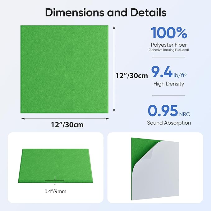 UNECHO 12 Pack 12" X 12" X 0.4" Acoustic Panels for Wall Sound Absorbing, Square Self-Adhesive Sound Panel, High Density Suitable for Multiple Scenarios(Lush Green)