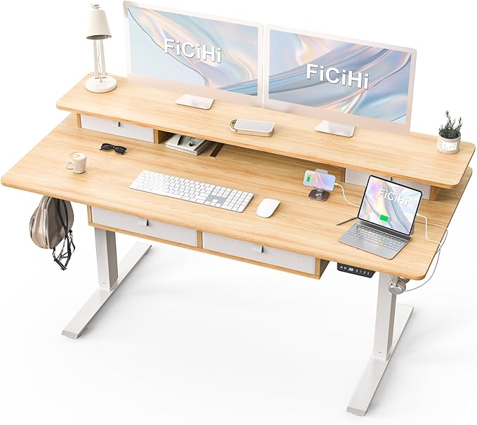 FiCiHi Adjustable Height Standing Desk with 4 Drawers,63 x 30 inches Electric Sit Stand Home Office Desk with Two Tiers, 3 Memory Presets, Monitor Stand Riser, USB A/C Charging Port