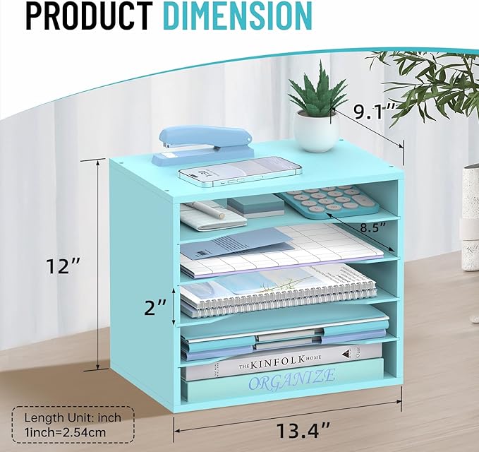 SHARKWOODS 5-Tier Wood Desk Organizer, Paper Tray Organizer for Desk with Adjustable Storage Shelves, Desktop File Organization Paper Sorter Mail Holder for Office Home Classroom, Blue