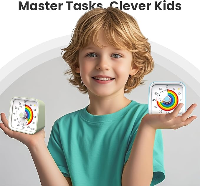 Visual Timer for Kids with Pause Function, Cute Silent Timer with Rainbow for Classroom, Teaching, Task, Kitchen, 60 Minute Countdown Time Management for ADHD (Rainbow Blue)