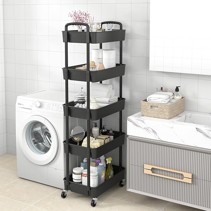 Sywhitta 5-Tier Plastic Rolling Utility Cart with Handle, Multi-Functional Storage Trolley for Office, Living Room, Kitchen, Movable Storage Organizer with Wheels, Black