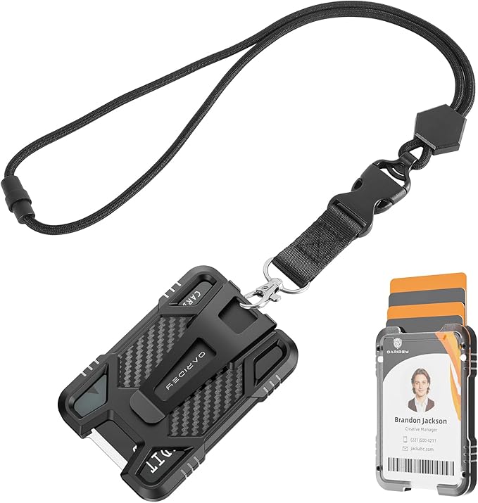 Oaridey ID Badge Holder with Lanyard, Safety Breakaway Lanyard with ID Holder, ID Card Holder with 5 Cards Capacity, Carbon Fiber Bagde Wllet, Quick Release, Perfect for Work and Daily Use