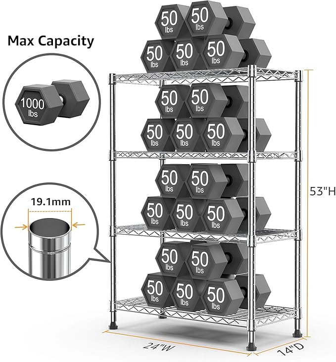 M MZG 1000 lbs Storage Shelving 4-Tier Utility Shelving Unit Steel Organizer Wire Rack for Home,Kitchen,Office,Chrome (13.7" D x 23.6" W x 53.4" H)