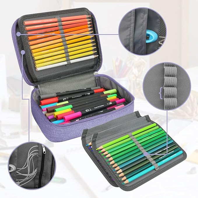 Number-one Large Capacity Pencil Case, 72 Slots Colored Pencil Pouch Bag Portable Pencil Holder Stationery Organizer with Compartments for Office and Travel, Purple