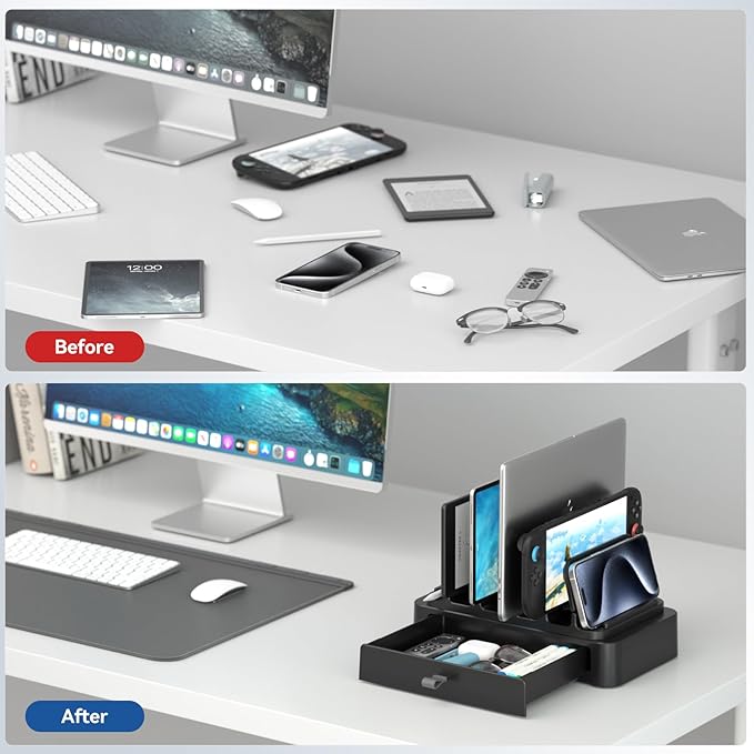 KDD Vertical Laptop Stand with Drawer - 7-in-1 Space-Saving Laptop Holder with Gravity Locking Fits MacBook, Dell, HP, Chromebook, Surface Pro, Tablet, Cell Phone, Switch, Keyboard Desktop Organizer