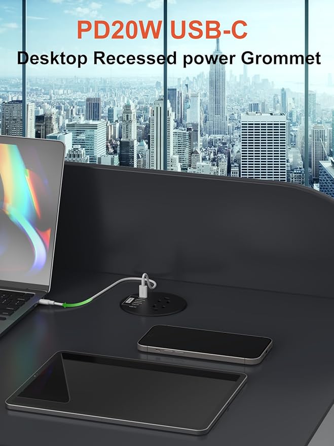 Recessed Power Grommet 3 inch with 20W USB C Ports 2 AC Outlets,Recessed Outlet Fast Charging Station,Desk Hole Grommet Outlets,Round Desktop Power Grommet Outlet for Office,Home (Black, 20W USB)