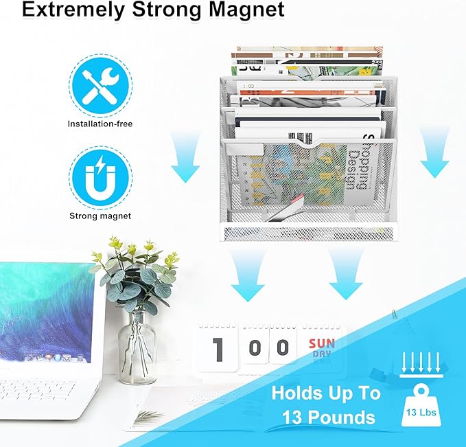 KZWKRG 4 Tier Magnetic File Holder, Large Capacity Mesh Hanging Wall Organizer Vertical Magnetic Hanging File Organizer, Magnetic File Folder Holder for File Cabinets, Office, Whiteboard (White)