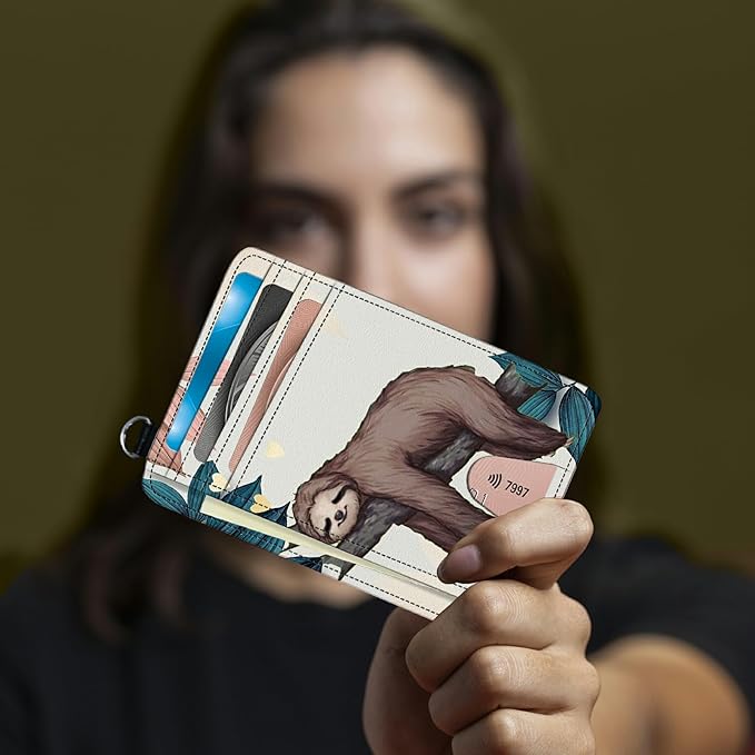 BWEGRHE Small Travel Wallets, Sloth Slim Minimalist Front Pocket Wallet with Wristlet, RFID Blocking PU Leather Credit Card Holder with ID Window Change Purse for Men Women
