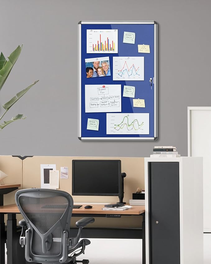Mifuro 36"x24" Enclosed Bulletin Board, Lockable Weather-Resistant Aluminum Cork Noticeboard for School & Office, Silver Frame w/Blue Flet