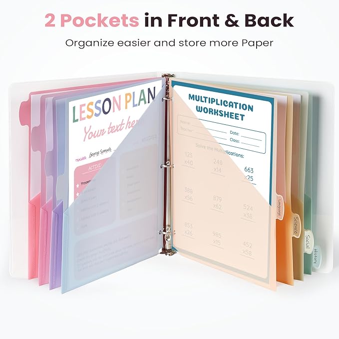 Sooez 8 Count Dividers with 2 Pockets, 8 Tabs Binder Dividers for 3 Ring Binders, Binder Dividers with tabs, Binder Divider with Pockets for US Letter Size, Insertable Big Tabs, Pastels, Set of 1