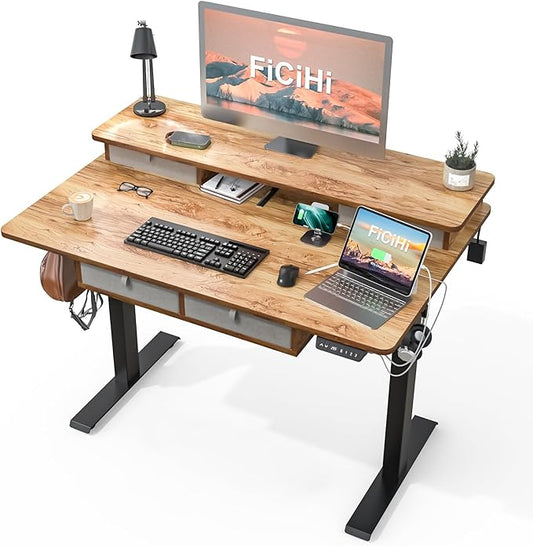 FiCiHi Adjustable Height Standing Desk with 4 Drawers,48 x 30 inches Electric Sit Stand Home Office Desk with Two Tiers, 3 Memory Presets, Monitor Stand Riser, USB A/C Charging Port