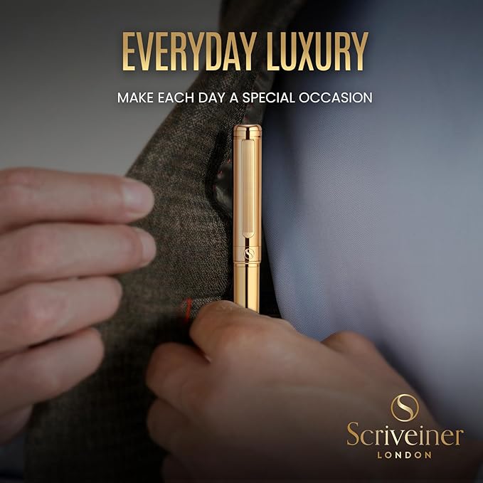 Scriveiner Personalized Gold Fountain Pen - Stunning Luxury Pen, Real Gold Plating, Schmidt Ink Refill, Best Engraved Fountain Pen Gift Set for Men & Women, Custom Name Engraving