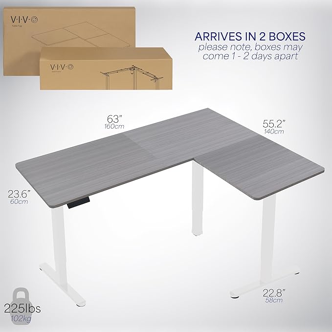 VIVO Electric Corner 63 x 55 inch L-Shaped Standing Desk, Memory Height Adjustment, Dark Gray Top White Frame, DESK-E3CTWG
