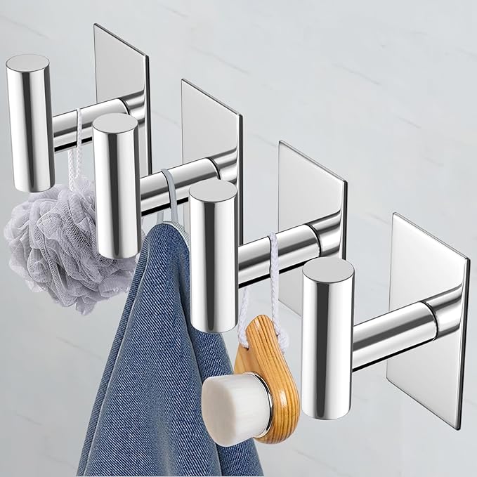 VAEHOLD Wall Towel Hooks, Heavy Duty Sticky Holder Waterproof Towel Hooks for Hanging Coat, Clothes, Closet Hook Wall Mount for Kitchen (Chrome, 4 Pack)