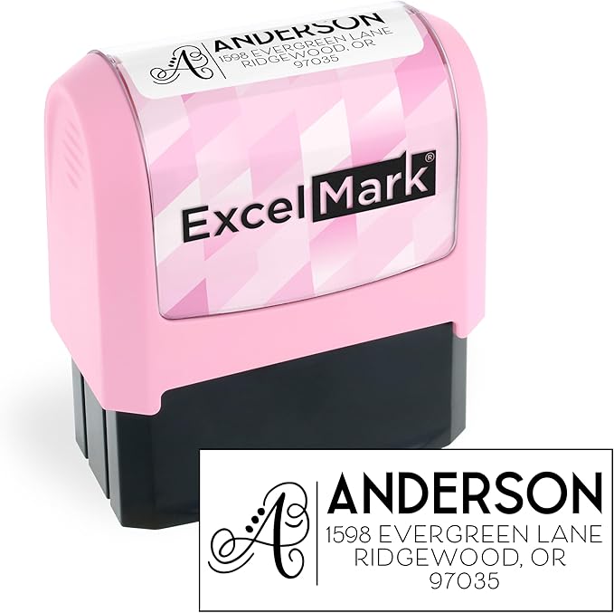 ExcelMark Address Stamp - Custom Return Address Stamp with Elegant Designs, Vibrant Colors & Patterns – Perfect for Mail, Invitations & Gifts (Pink Mount, Script Swirl)