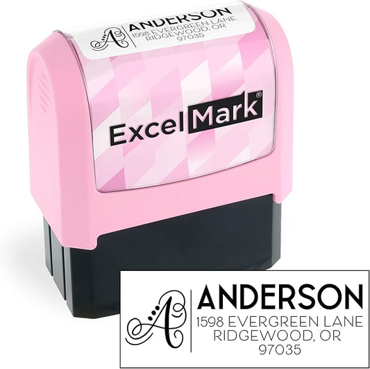 ExcelMark Address Stamp - Custom Return Address Stamp with Elegant Designs, Vibrant Colors & Patterns – Perfect for Mail, Invitations & Gifts (Pink Mount, Script Swirl)