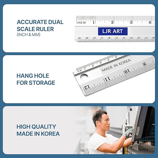 LJR ART 12 Inch Aluminum Cutting Ruler, Dual Scale Inch/Metric Measuring Tool with Precision Markings, Lightweight Straight Edge for Architects, Students, Engineers, and Designers