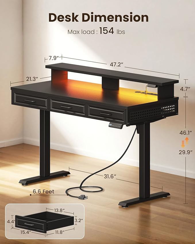 OffiGo Electric Standing Desk with 3 Wooden Drawers, 48 Inch Height Adjustable Desk with Power Outlets & LED Lights, Black Sit Stand Table with Monitor Stand for Home, Office, Workstation