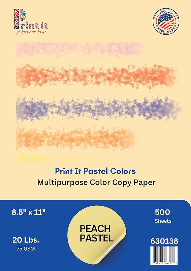 Printit Colors Multipurpose Paper, 20 lbs., 8.5" x 11", Peach, 500 Sheets/Ream – Premium Colored Copy Paper for Printing, School, and Office Use