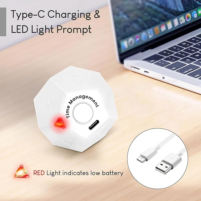 Mini 12 Sided Cube Timer, 11 Preset Times Pomodoro Timer for Enhanced Productivity. Ideal for ADHD Management, Workout, Study & Kitchen Cooking. Easy to Use（White）
